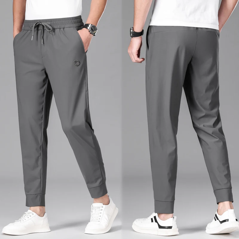 Brand Clothing Spring Summer New Casual Men's Thin Stretch Lyocell Fabric Pants Slim Drawstring Elastic Waist Grey Male Trousers