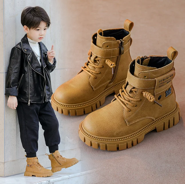 Size 26-41 Boys Riding Hiking Boots Autumn Winter Kids Ankle Strap Motorcycle Style Leather Boots For Boy