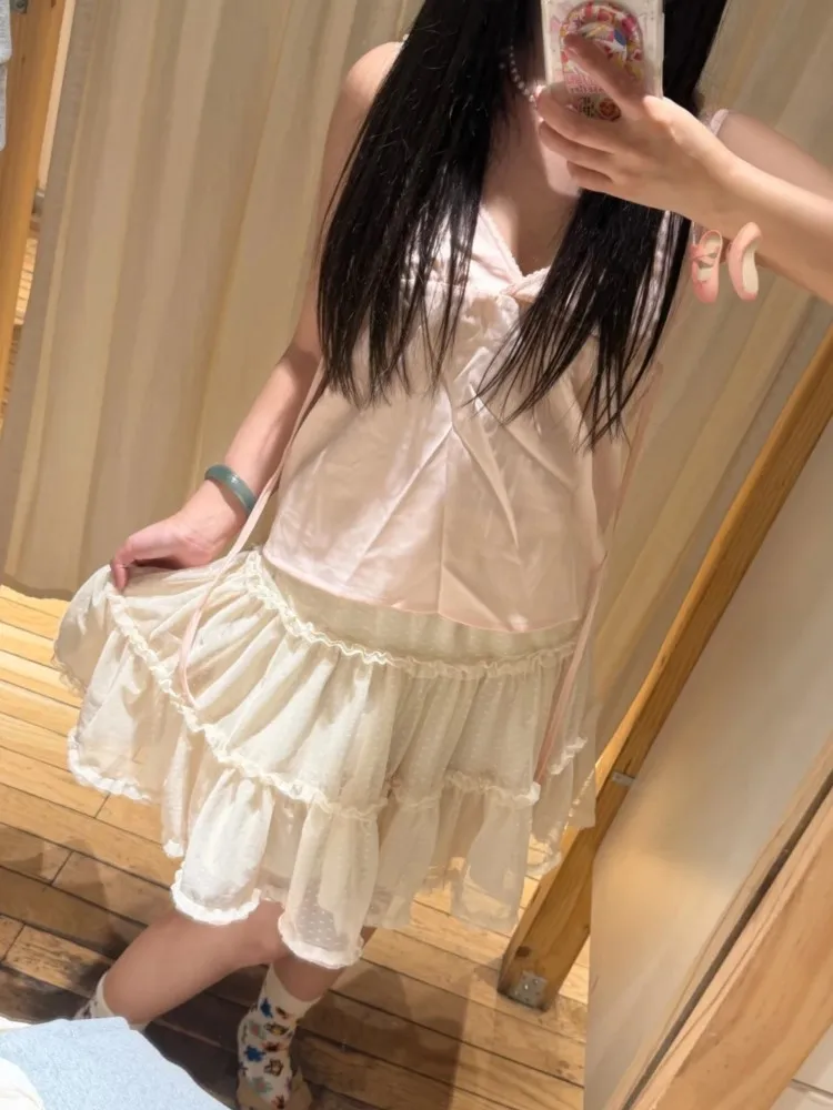 Jacquard Mesh Polka Dot Knee Length Skirts Woman Elastic Waist Ruffles A-line Short Faldas Sweet Preppy Style Beige Skirt Y2K