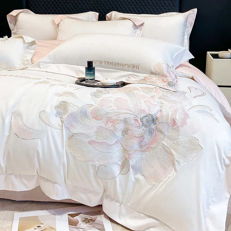100% Egyptian Cotton Flowers Embroidery Luxury Bedding Set Double Queen King Duvet Cover Flat/Fitted Bed Sheet Pillowcases 4Pcs