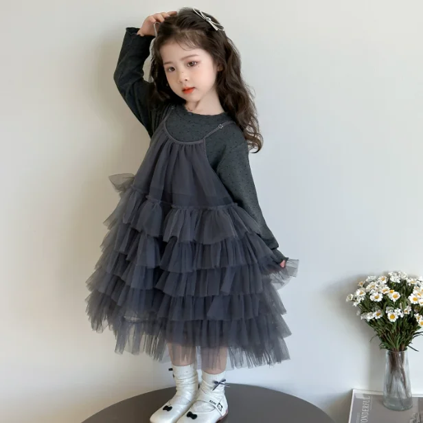 

Girls Suit 2025 Autumn New Childrens Clothing Korean Girl Baby Bottom Shirt Senior Sense Suspender Mesh Puffy Skirt Two Sets