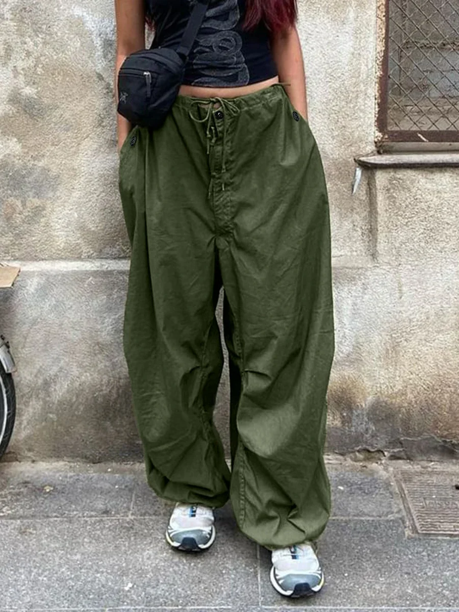 Schicke, lockere Cargohose für Damen, Y2K-Stil, Armeegrün, mit Schnürung und Kordelzug, hoher Bund, weites Bein, Streetwear, Oversized, Vintage, lässig. – Detail 1