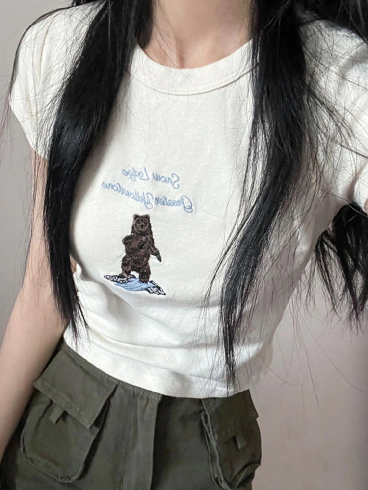 Casual Women Soft Cotton Beige Bear Embroidery Short Tees 2023 Summer Vintage O Neck Short Sleeves Female Chic Tops