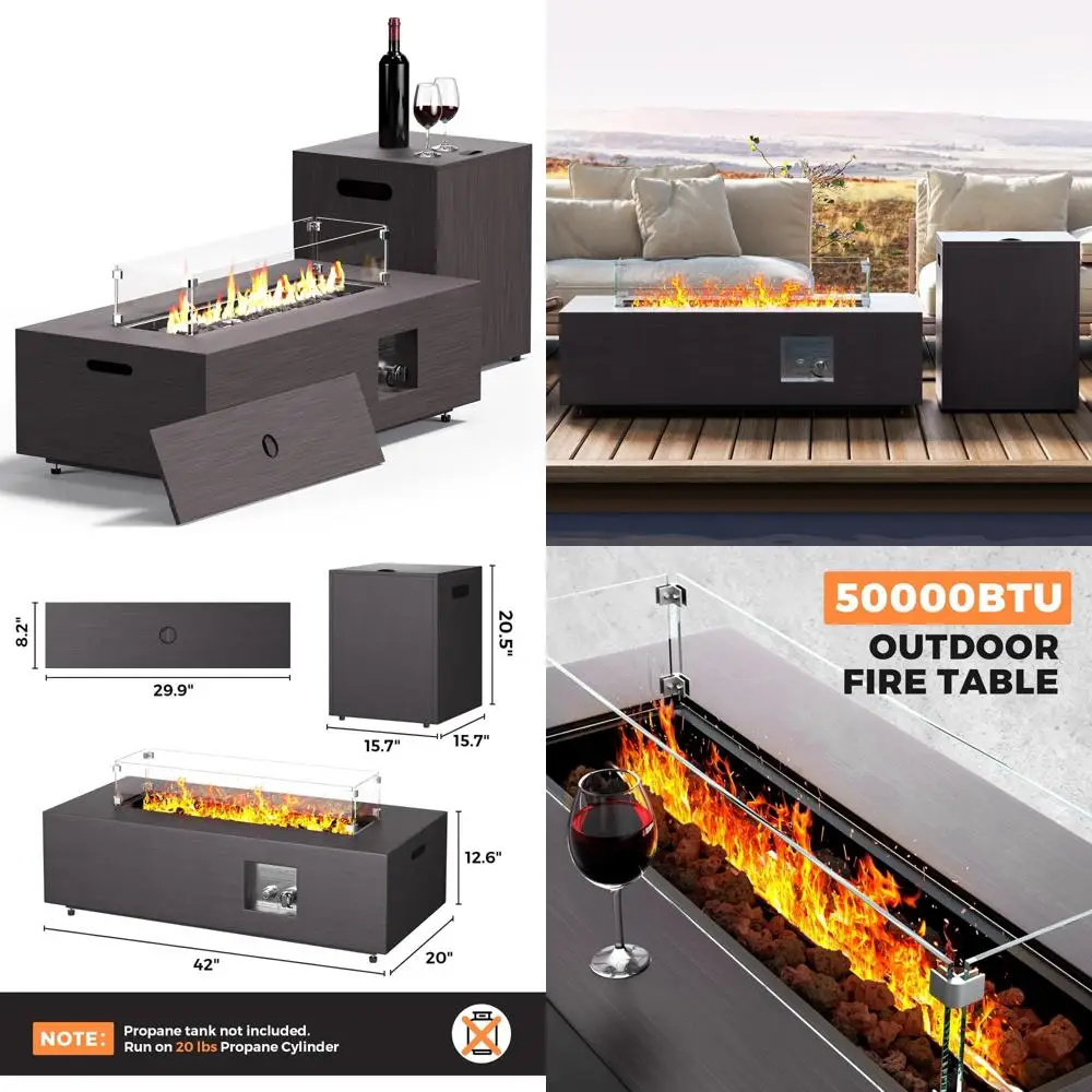 

Rectangular Outdoor Propane Gas Fire Pit Table Set with 50,000 BTU, Wind Guard, Waterproof Cover, and Lava Rocks