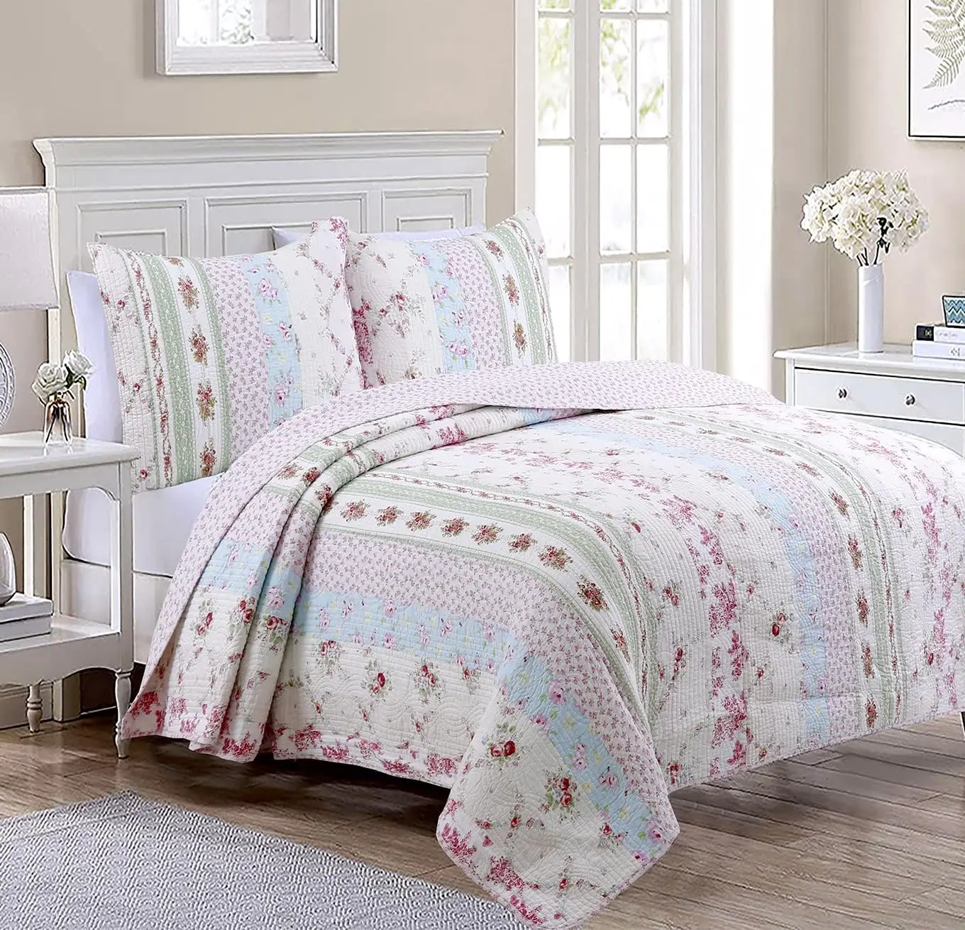 

100% Cotton Pink Floral Reversible Quilt Set, Shabby Chic Bedding for Twin Size