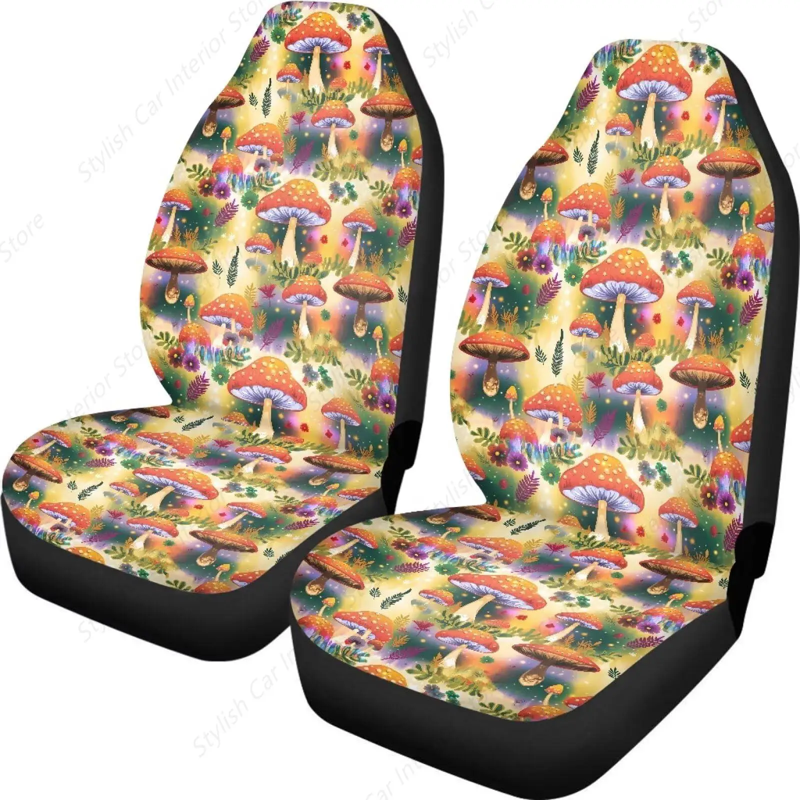 

Чехлы на автомобильные сиденья с красными грибами, 2 шт., только передние сиденья, мультяшные лесные грибы, автокресла, защита, дышащий полиэстер