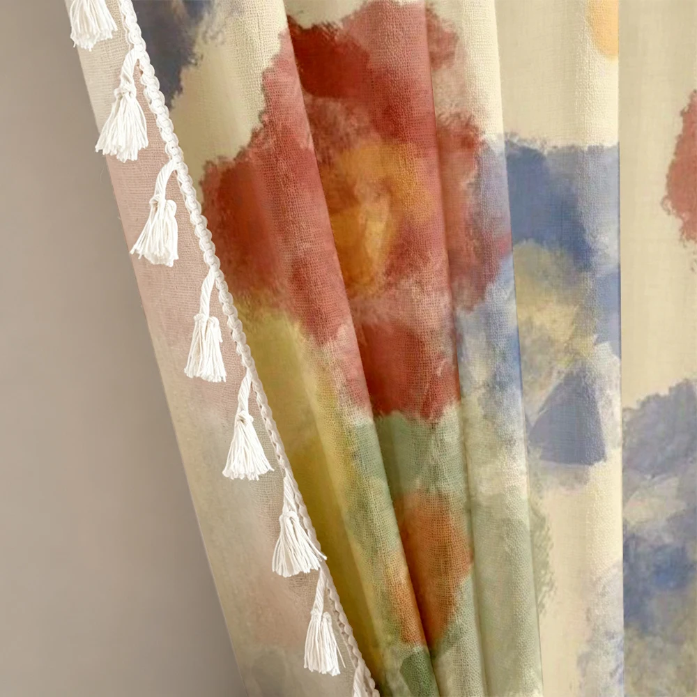 1PC Floral Tassel Sheer Curtains, Watercolor Colorful Flower, Digital Print, Polyester, Bedroom Living Room, Home Decor