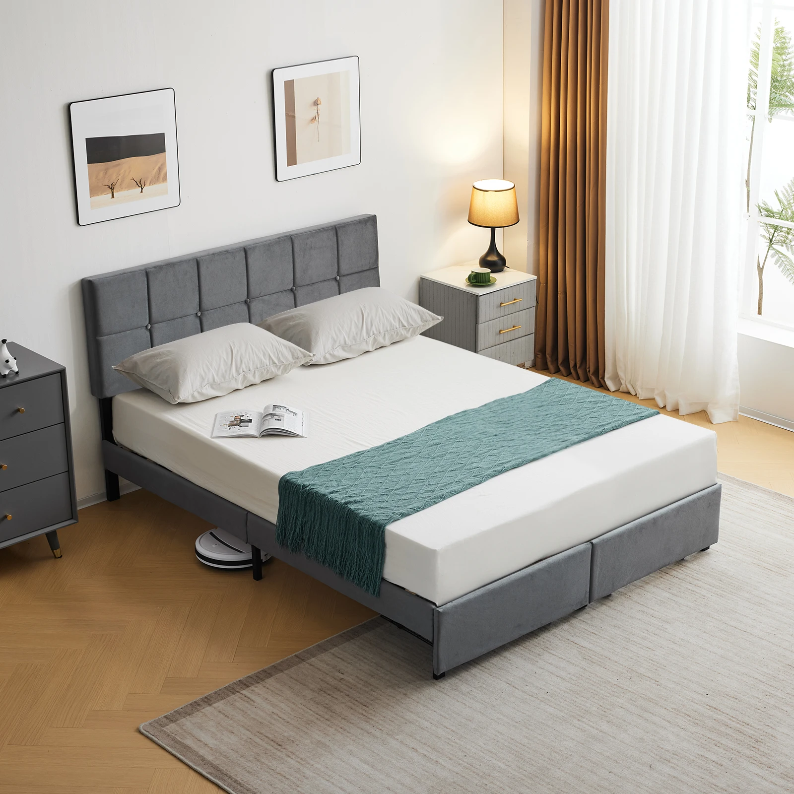 Cama con plataforma tapizada de terciopelo de tamaño completo con cajones de almacenamiento, estructura de cama con cabecero trasero capitoné de canal vertical