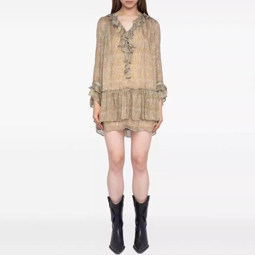 Nouveau 2025 Polyester imprimé fleuri robe col en V manches amples courte femmes femmes robe