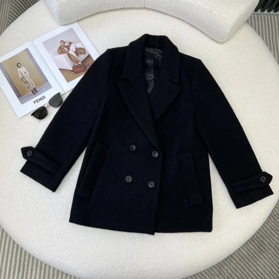 2024 new women's fashion high quality long-sleeved lapel collar double-breasted decorative lapel collar woolen coat jacket