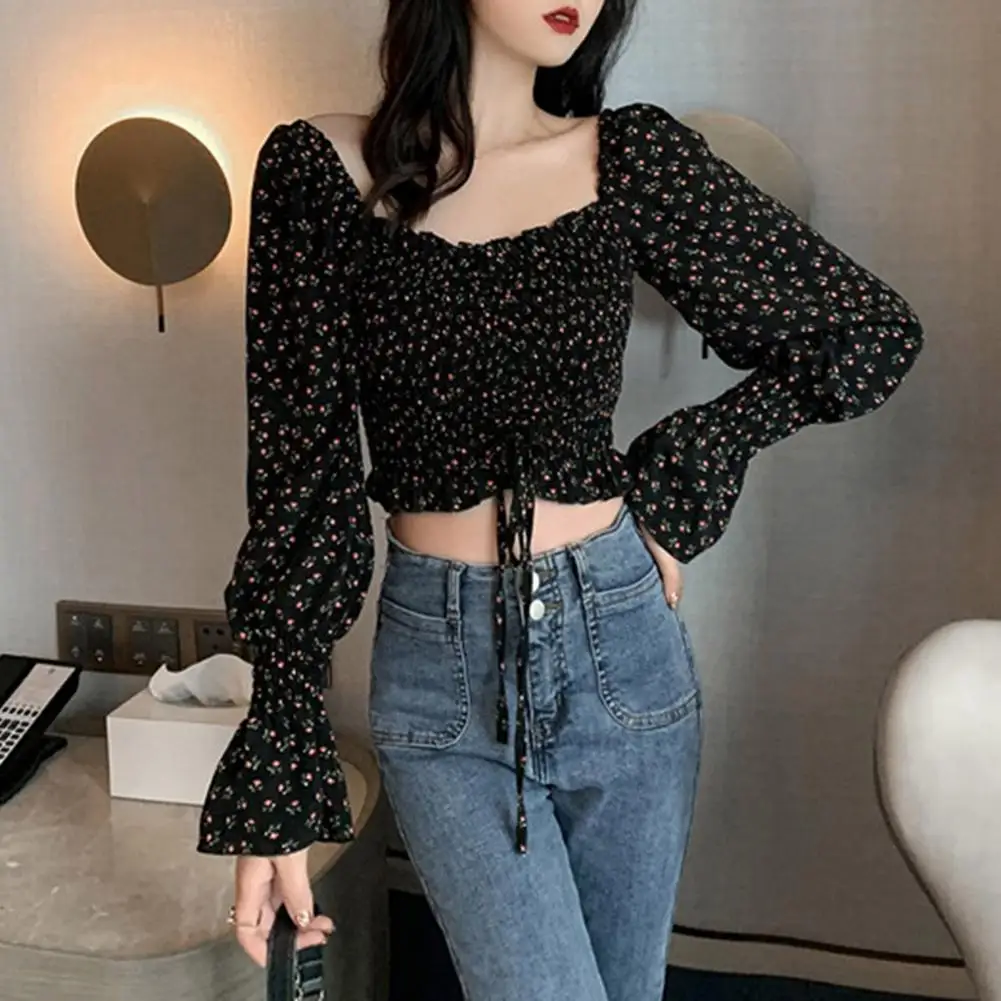 

Trendy Women Tops Square Neck Thin Chiffon Long Sleeve Floral Chiffon Tops