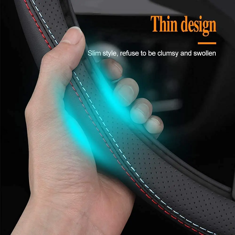 Leather Car Steering Wheel Cover Stylish Non-Slip Leather Car Interior 15 Inches Universal D-Shape Black