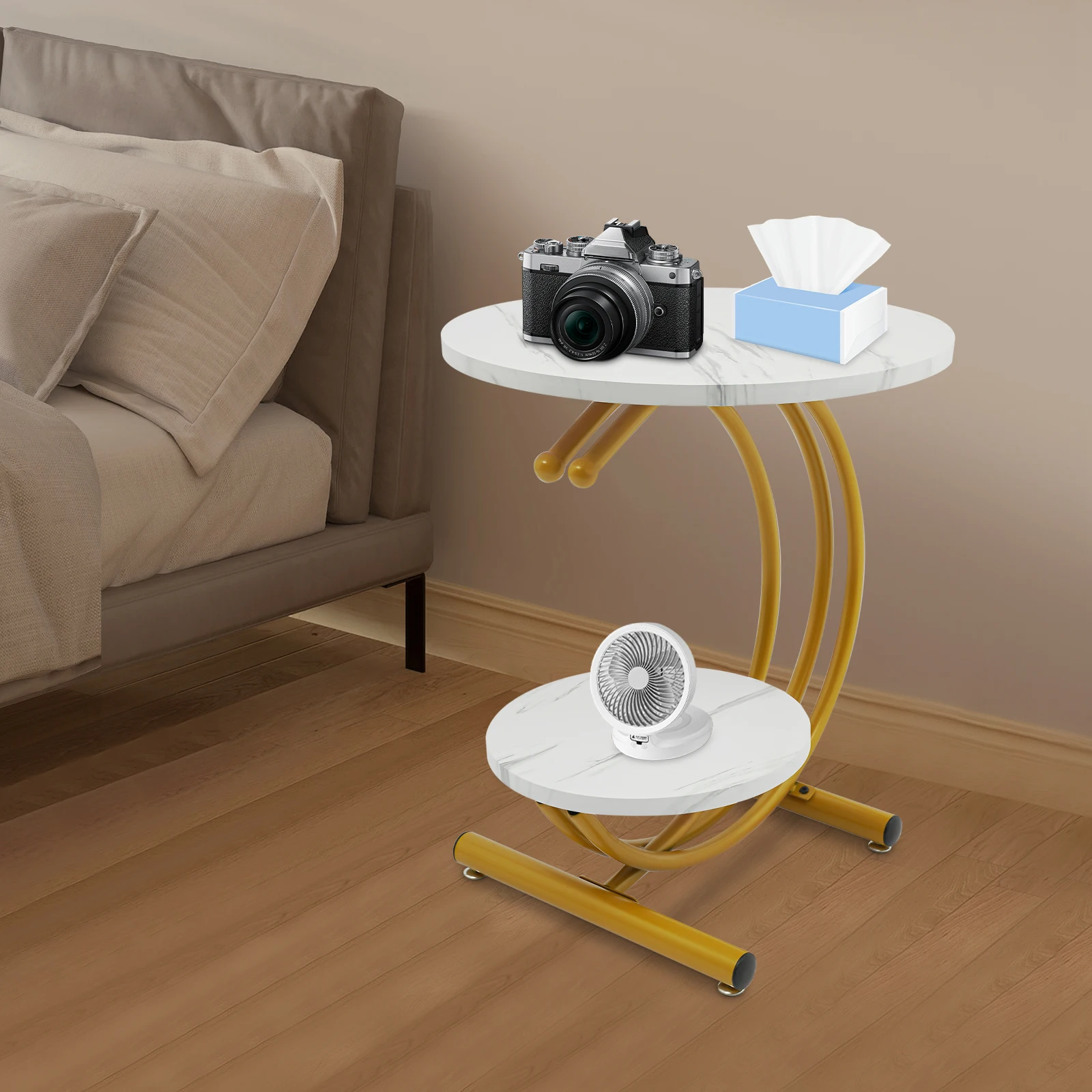 

White Gold Iron 55x55x60cm Double Round Side Table with Storage Living Room Corner Several Modern Simple Coffee Tables