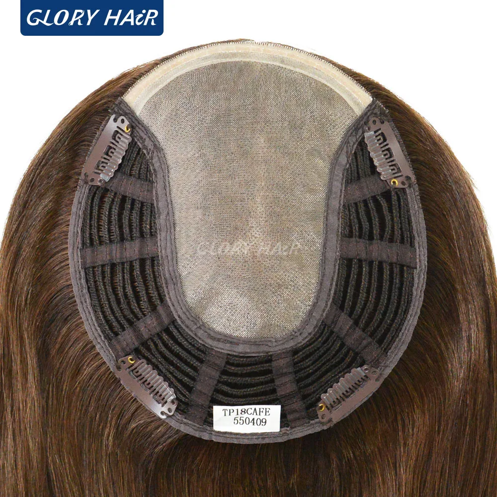 TP18 14 Inches Natural Straight Chinese Human Hair Topper Wig for Women Blonde Human Hair Wig With Clips 6x7 Mono Body Wig