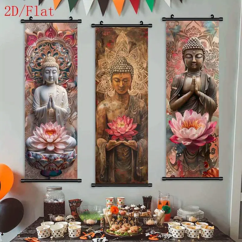 VIKAMA Buddha Lotus Flower Scroll Tapestry Zen Inspired Sacred Lotus Vertical Wall Hanging Home Decor