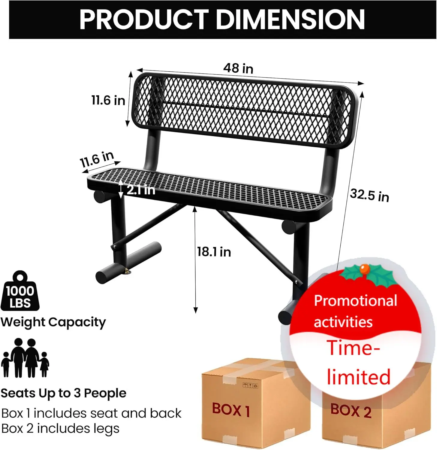 

4 Feet Heavy Duty Metal Park Bench for Outside, Outdoor Bench with Backrest & Portable Frame, Commercial Benches for Shopping Ma