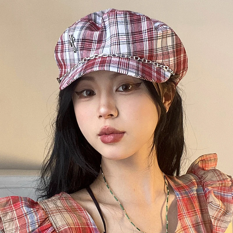 Korean Version Retro Plaid Contrasting Color Berets Caps for Women Summer Sunscreen Versatile Chain Design Octagonal Hats Y2k