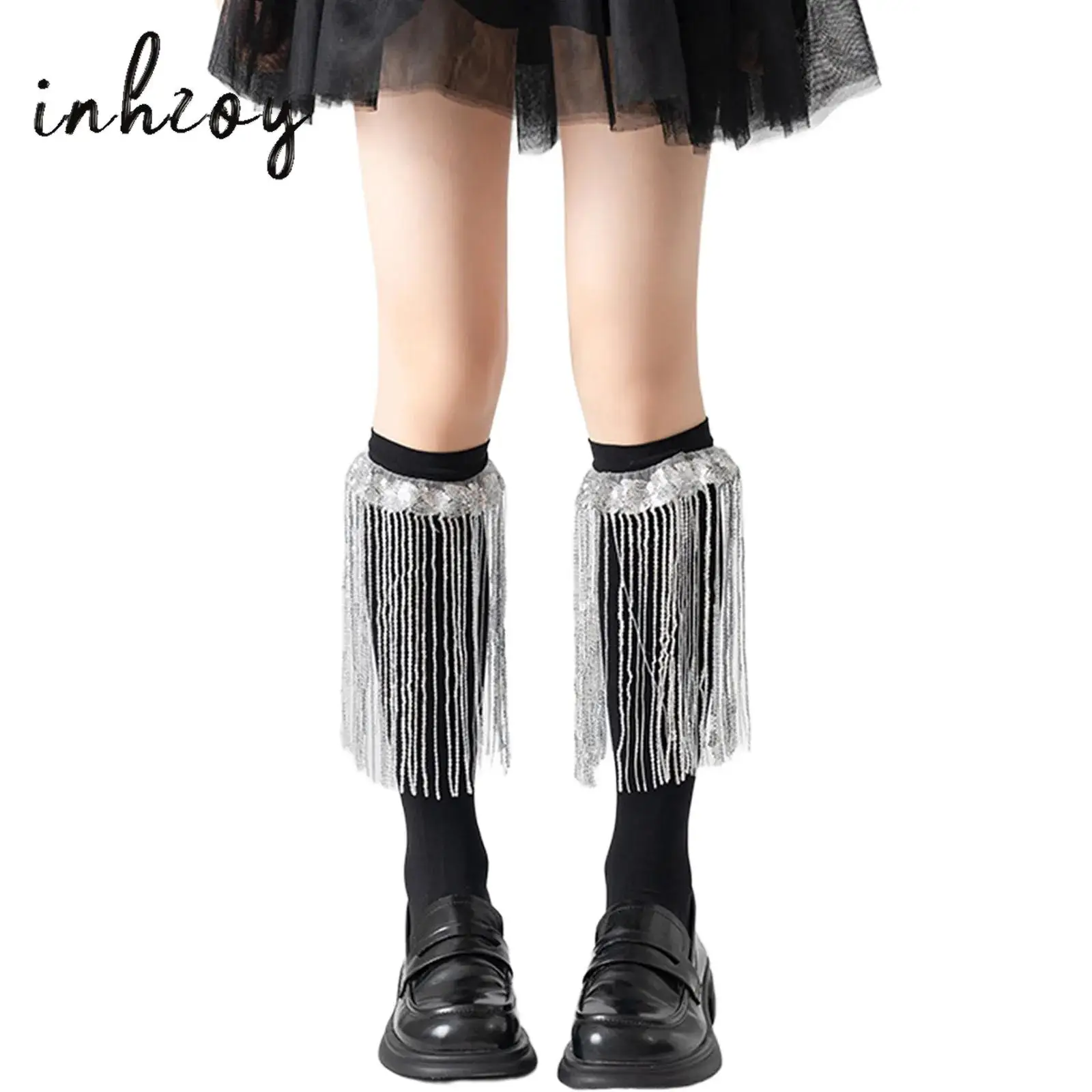 

1 Pair Kids Girls Stockings Sparkling Sequins Tassels Long Socks Lightweight Stretchy Solid Color Stockings Dance Accessories