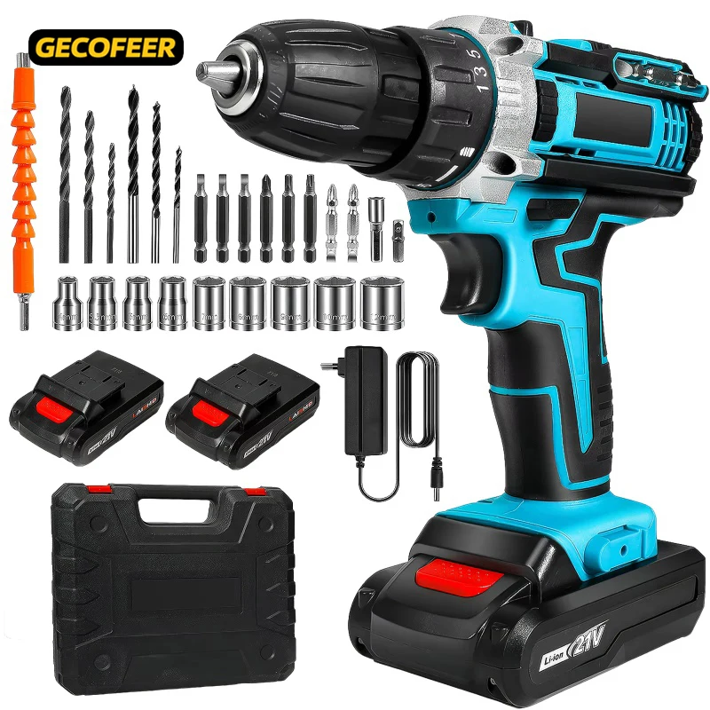 GECOFEER 21 فولت مفك مثقاب كهربائي لاسلكي 1600 دورة في الدقيقة عالي 32 عزم دوران أدوات كهربائية للحفر المنزلية مع بطاريتين #1