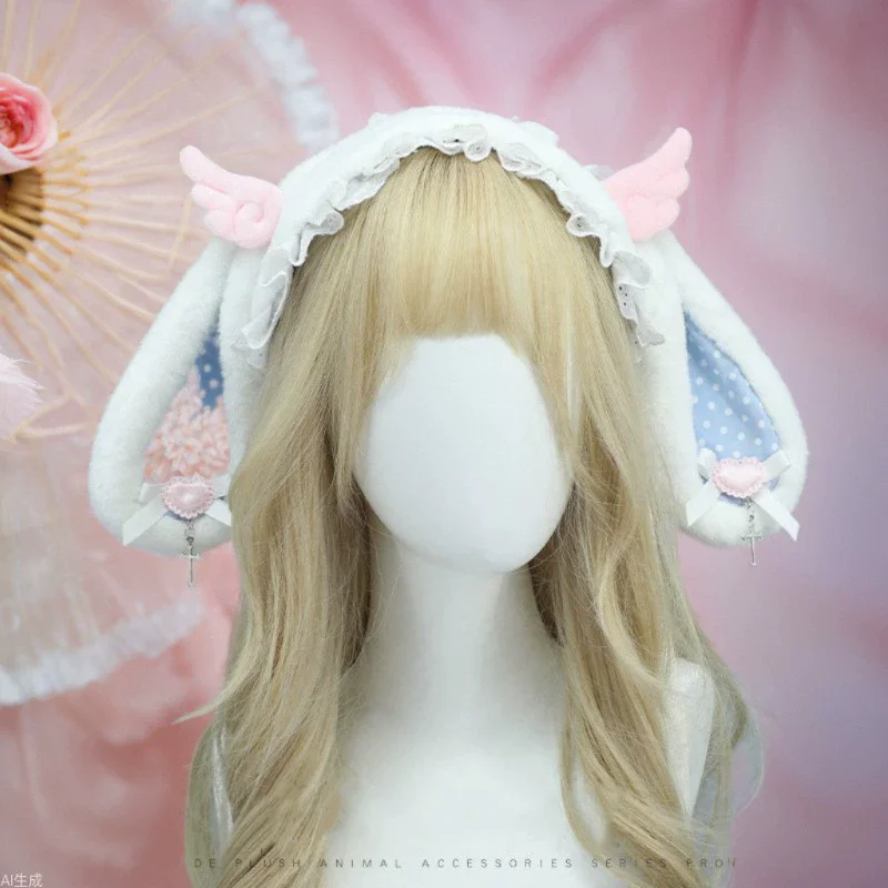 Japanese Medical Headpiece Bunny Ear Plush Hairband Subculture Angel Wings Lace Harajuku Y2K Girl Pink Hair Accessories