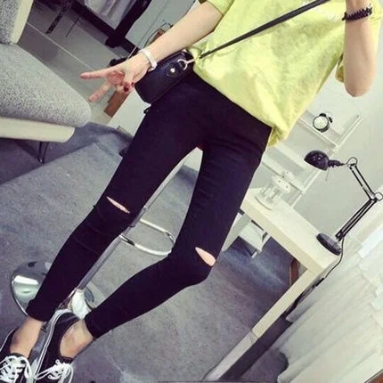 2026 Korean Style Women's Summer New Hole Hole Thin Leggings Outerwear Black Slimming Nine Points Versatile Long Pants