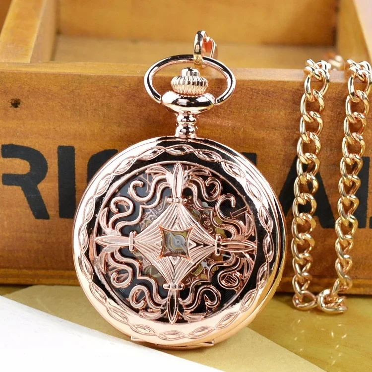 Vintage Black Mechanical Hollow Hunter Hand Wind Pocket Watch Luminous Pointer with Chain for Men