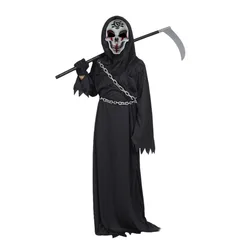 Nuovo bambino Grim Reaper Costume Horror Teschio Maschera Robe Dress Up Costume Halloween Falce Guanti a catena Puntelli Regalo