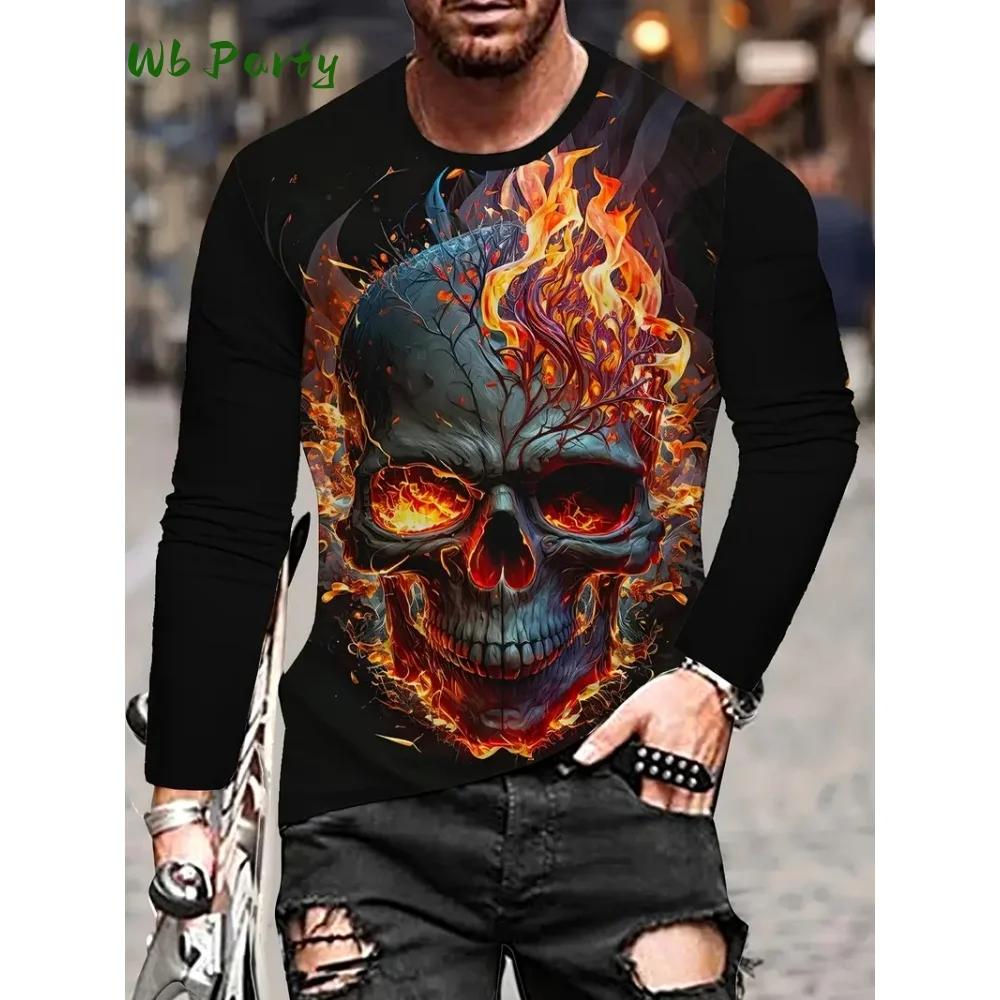 

Vintage Men's Long Sleeved Skull 3D Print Men Top New Trendy Versatile Men's Clothing Casual O-Neck Men's Long Sleeved Clothing