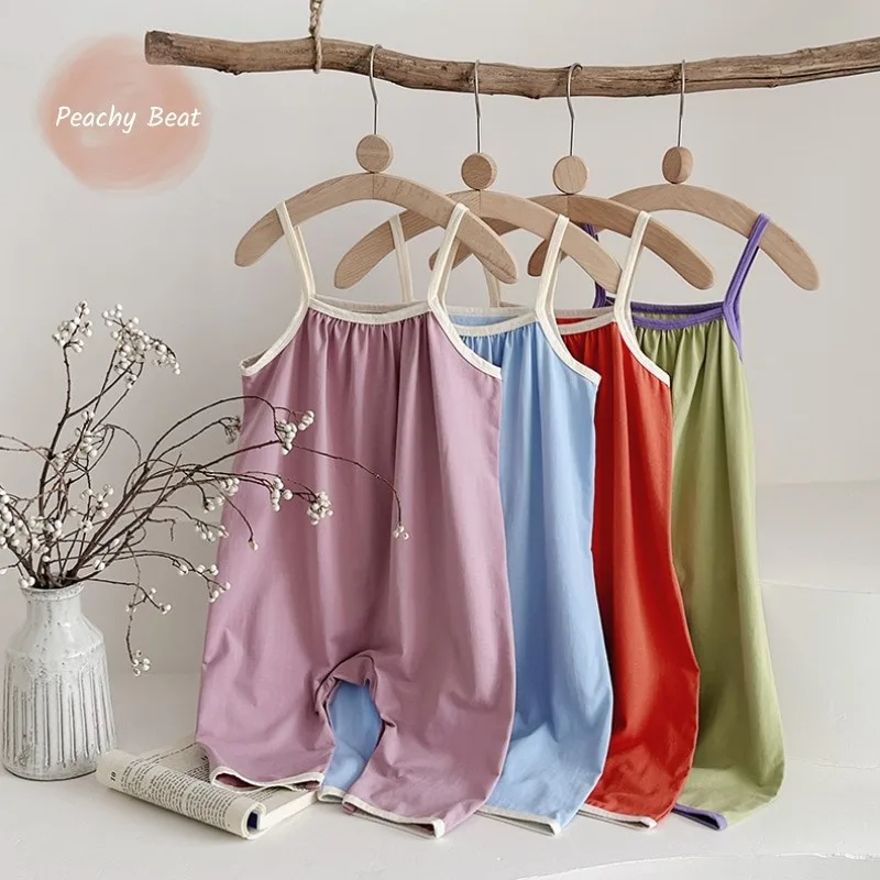 Newborn Baby Girl Boy Cotton Strap Pant Sleeveless Infant Toddler Child Summer Solid Jumpsuit Homewear Baby Clothes 0-2Y