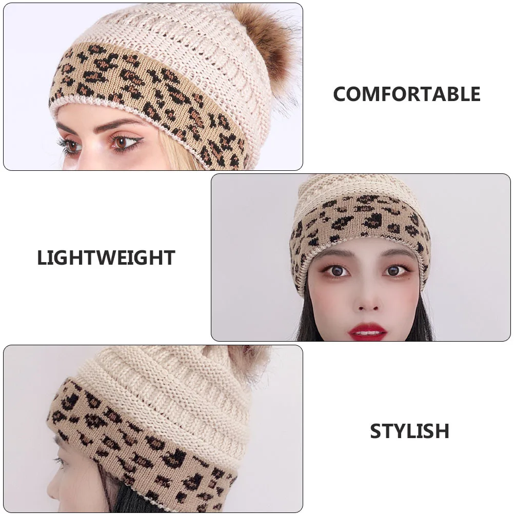 

Warm Knitted Beanie Leopard Print Thickened Winter Hat Soft Stretchy Outdoor Accessory Lightweight Thermal Headwear Pompom