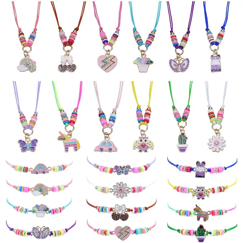 Children's Bracelet Friendship Necklace Set Gold Powder Colorful Polymer Clay Woven Butterfly Heart Rainbow Car Charm Jewelry