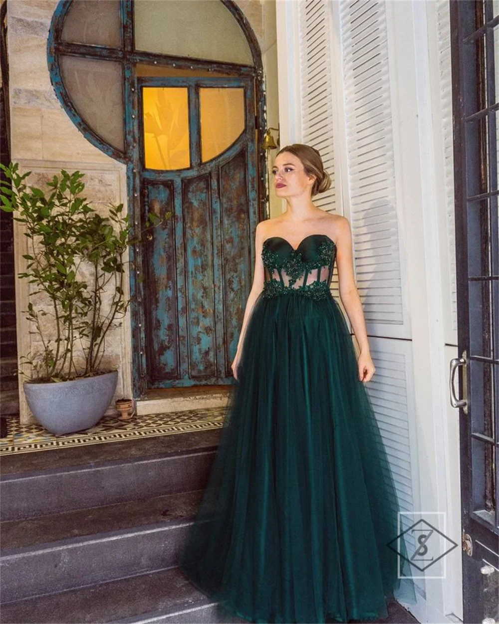 Sansa Dark Green Strapless Birthday Party Dress A-line فساتين السهرة Sweet Sequins On Chest Vestidos De Noche Sexy Prom Dresses