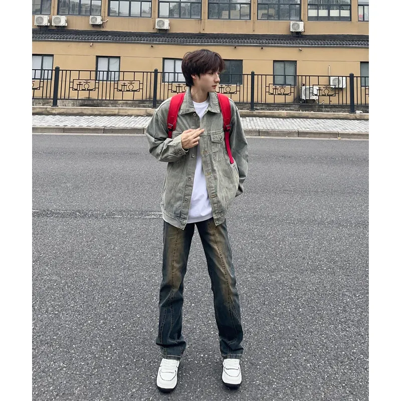 

Deep Blue Spliced Micro Flare Jeans Men's Retro American Vibe Straight Leg Slim Fit Jeans for Teenagers High Street Sle