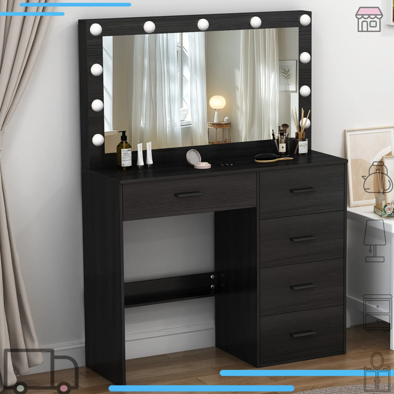طاولة زينة سوداء مع أضواء LED ومرآة وطاولة مكياج وطاولة مكياج و5 أدراج #3