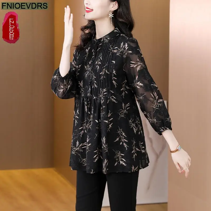 L-5XL Loose Clothes 2023 Women European Fashion Elegant Office Lady Work Button Shirt Retro Tunic Belly Peplum Tops And Blouses