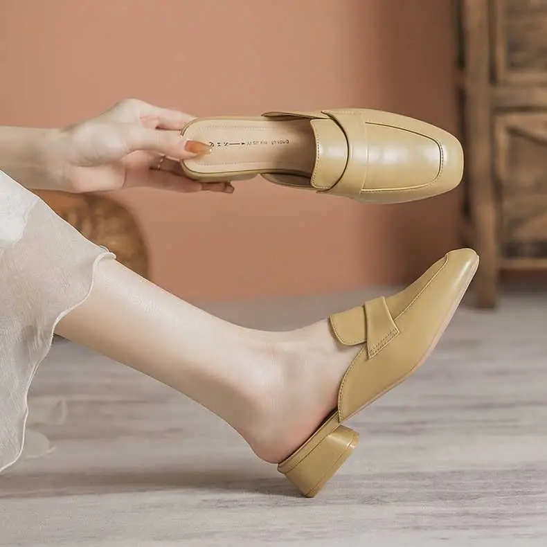 

Women's Slippers and Ladies Sandals Mules Shoes with Heel Outside Slides Leather Waterproof Clappers Vip Original Wholesale Shoe