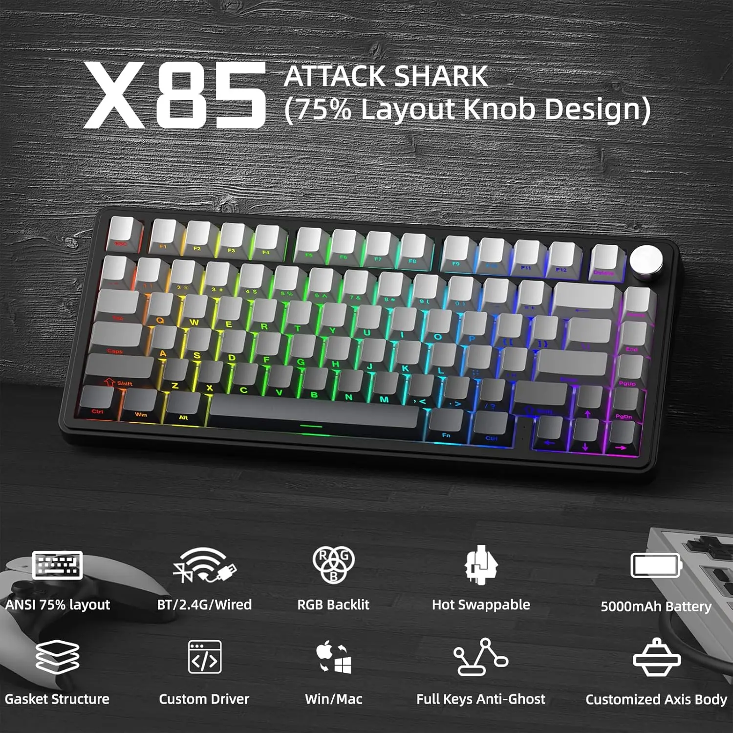 ATTACK SHARK X85 Wireless Mechanical Gaming Keyboard with Knob Hot Swappable Bluetooth 5.1/2.4Ghz/USB-C Side Print PBT Keycaps 75% Gaske