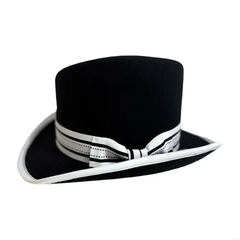 

Q22D Wool Bowler Hat Bowknot Band Tall Hat for Masquerade Cocktail Event Gathering