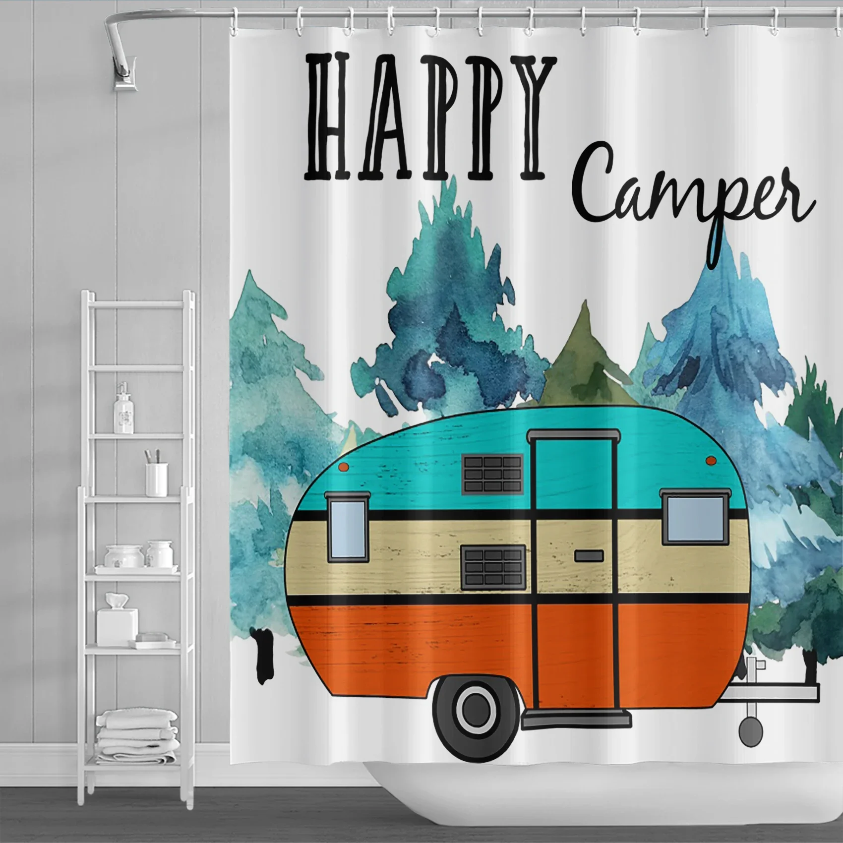 Happy Camper Printed Shower Curtains Modern Waterproof Polyester Fabric Bathtub Screen Home Bathroom Decoration with Hooks