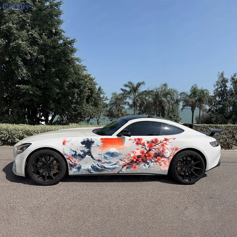 2Pcs Waves and Cherry Blossoms with Sunset Car Side Stickers, Automotive Door Side Graphics for Cars, Car Decoration Accessory