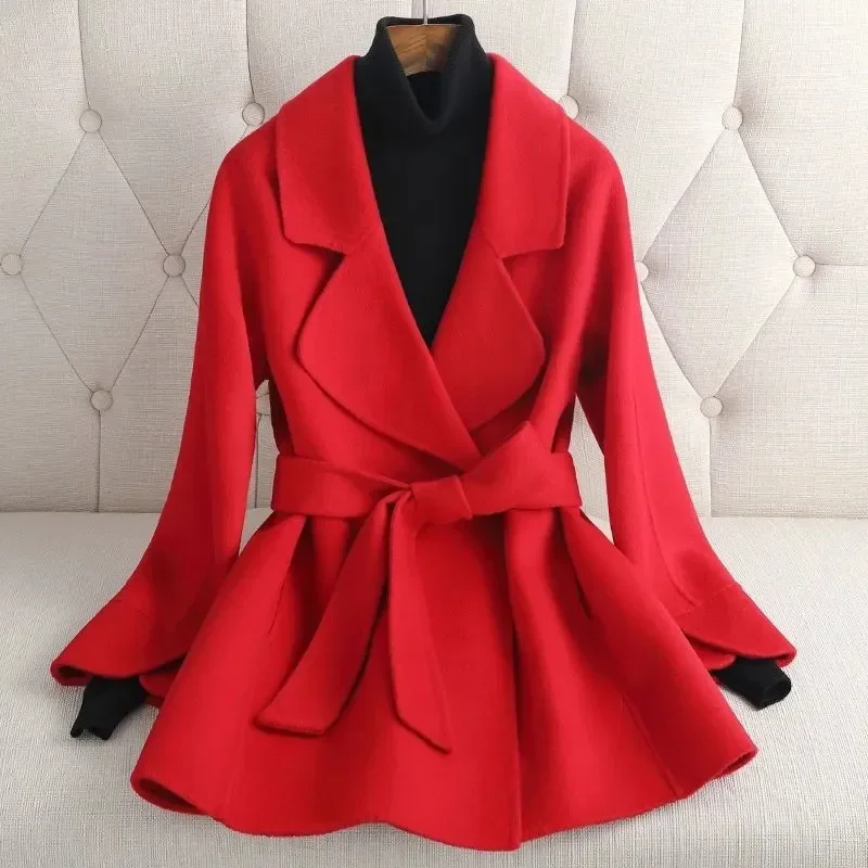 

2024 Female Autumn Winter Solid Color Korean Slim Woolen Coat Women Mid-length Woolen Thickened Coat