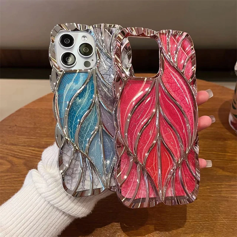 Luxury Plating Colour Fashion Leaf Phone Case For iPhone 11 12 13 14 15 Pro Max Soft Silicone Bumper Protector On 16 Plus Cover