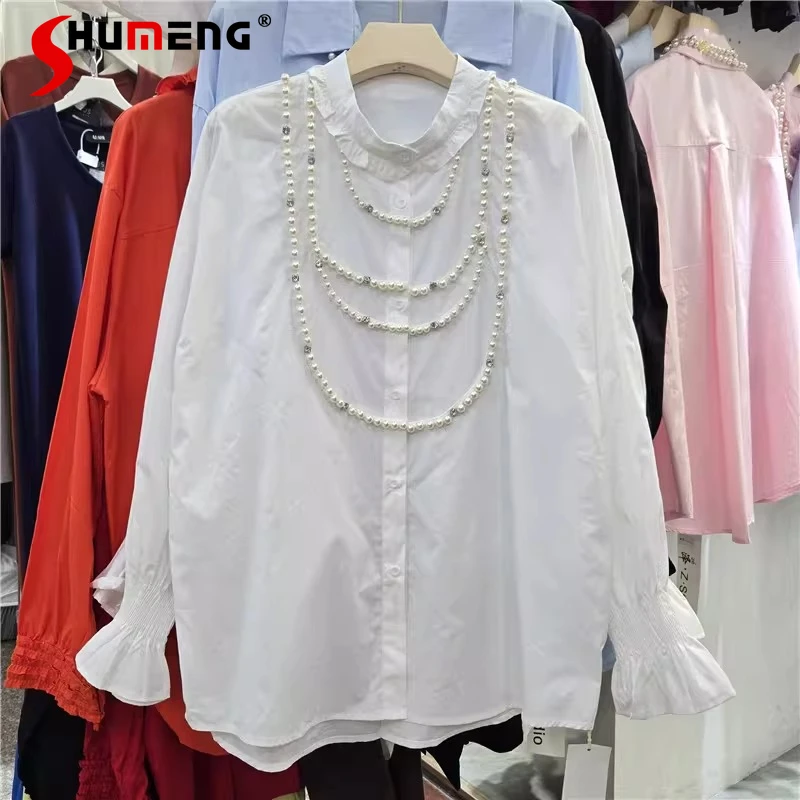 

Women's 2026 Spring Autumn New Beaded Design Fashion Shirts Long Sleeve Solid Color Shirts High-end Unique Chic Elegant Tops