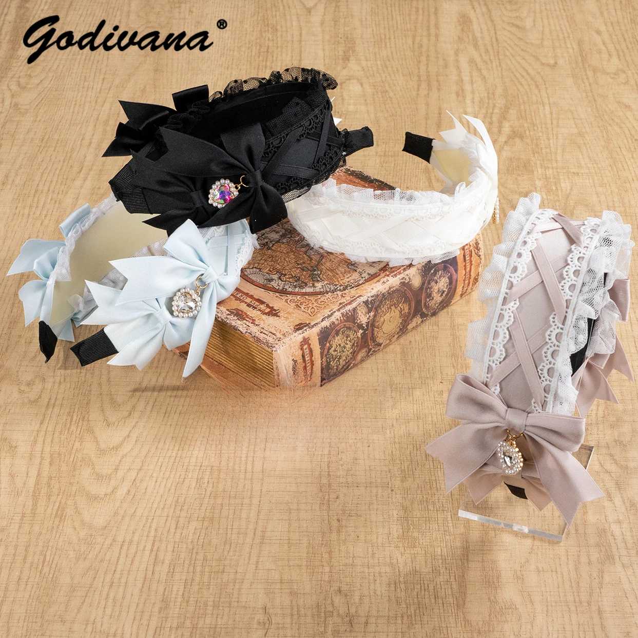 Lolita Lace Cross Strap Bow Love Rhinestone Pendant Headband Japanese Mine Girls Cute Hairband Hair Accessories Lace Headwear