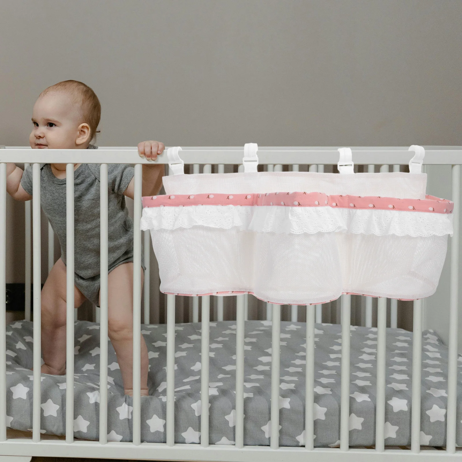 

Baby Hanging Storage Bag Three Pockets Crib Organizer Bedside Hanging Organizer Nursery Storage Diapers Bottles White