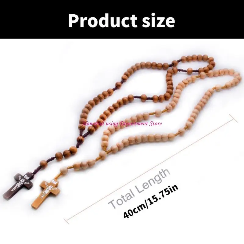 Catholic Prayer Beads Rosary Necklace with Wooden Crosses Pendant Religious Accessories for Communion and Baptisms