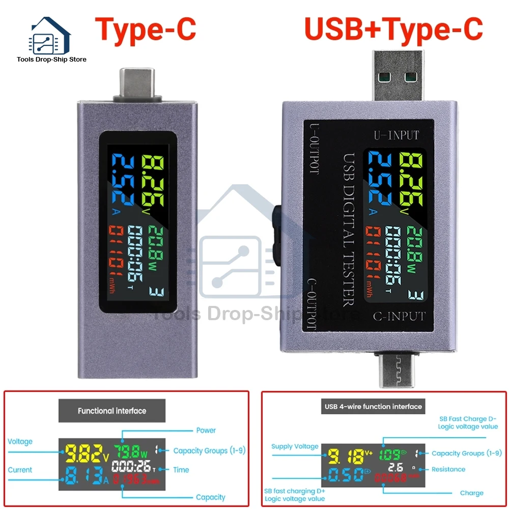 DC 4.5-50V 0-8A Multi-function Digital Display DC Voltage Ammeter Power Meter Type-c+USB Cell Phone Charging Tester Indicator