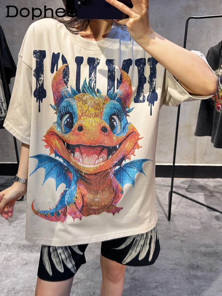 Summer Fashion Brand T-shirt Men's and Women's Hot Drilling Big Mouth Dragon Oversize Boutique High-Quality Graphic T Shirts