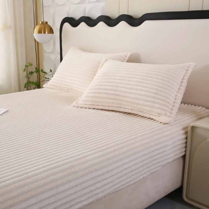 1Pc Solid Color Ribbed Plush Fitted Sheet Mattress Protector Full/Twin/Queen/King Universal for Bedroom Apartment Soft Comfortable Warm Breathable