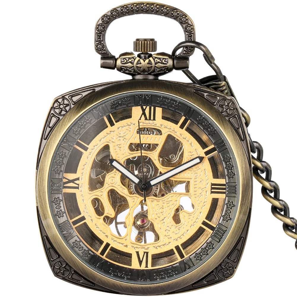 Elegant Bronze Roman Numerals Open Face Mechanical Pocket Watch Men Square Shaped Fob Chain Pocket Clock Vintage Timepiece Gift